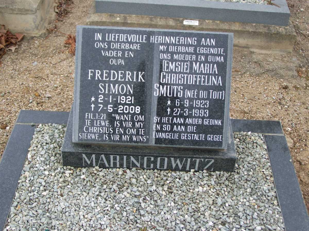 MARINCOWITZ Frederik Simon 1921-2008 &amp; Maria Christoffelina Smuts Du TOIT 1923-1993
