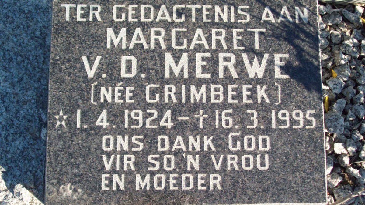 MERWE Margaret, V.D. nee GRIMBEEK 1924-1995