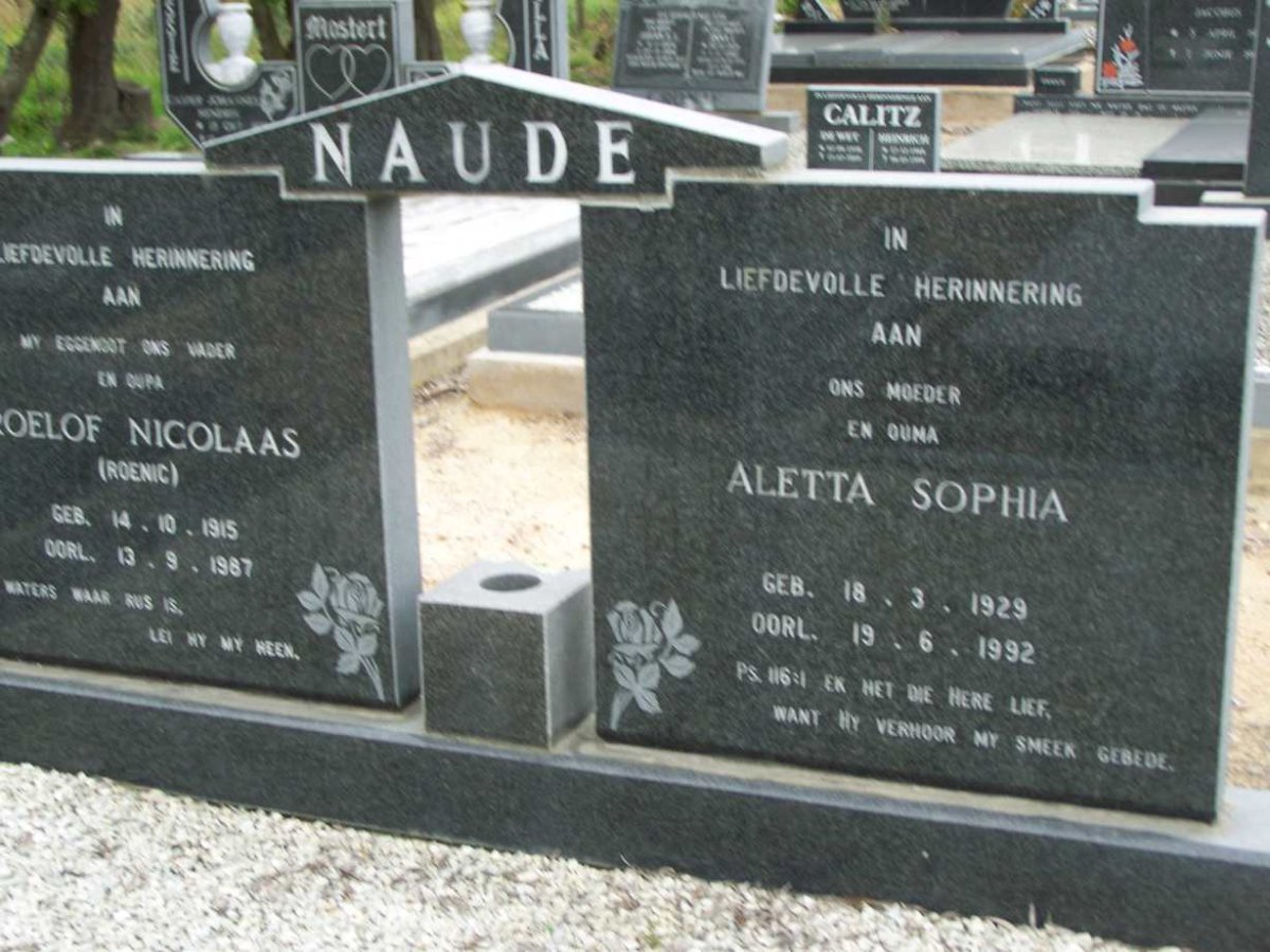 NAUDE Roelof Nicolaas 1915-1987 &amp; Aletta Sophia 1929-1992