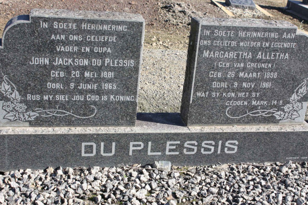 PLESSIS John Jackson, du 1881-1965 &amp; Margaretha Alletha VAN GREUNEN 1898-1961