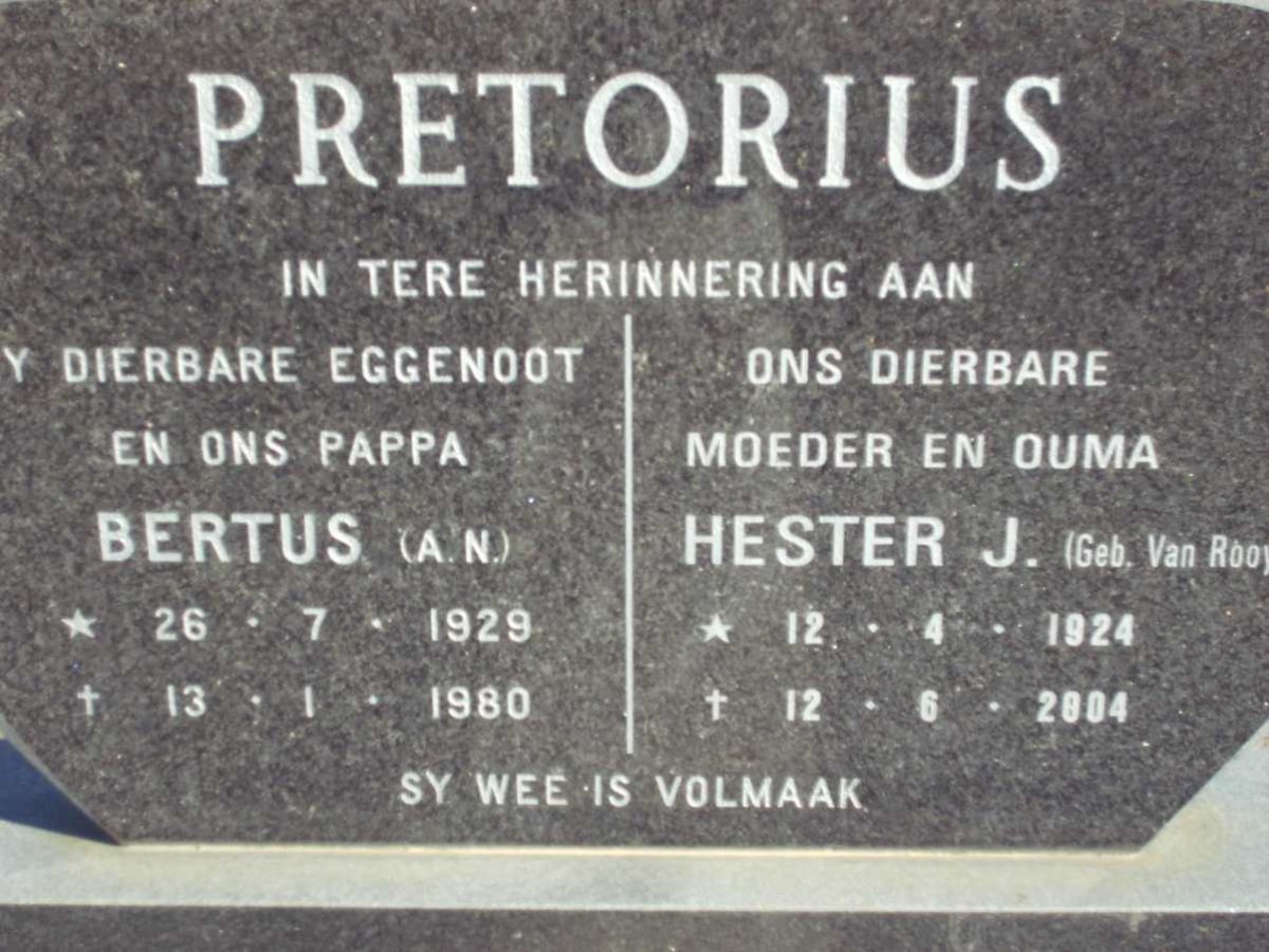 PRETORIUS Bertus A.N. 1929-1980 &amp; Hester J. VAN ROOYEN 1924-2004