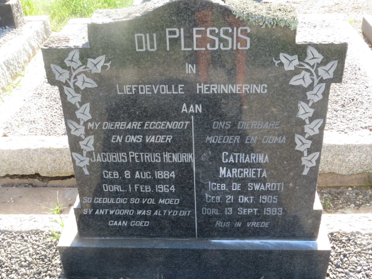 PLESSIS Jacobus Petrus Hendrik, du 1884-1964 & Catharina Margrieta DE SWARDT 1905-1983