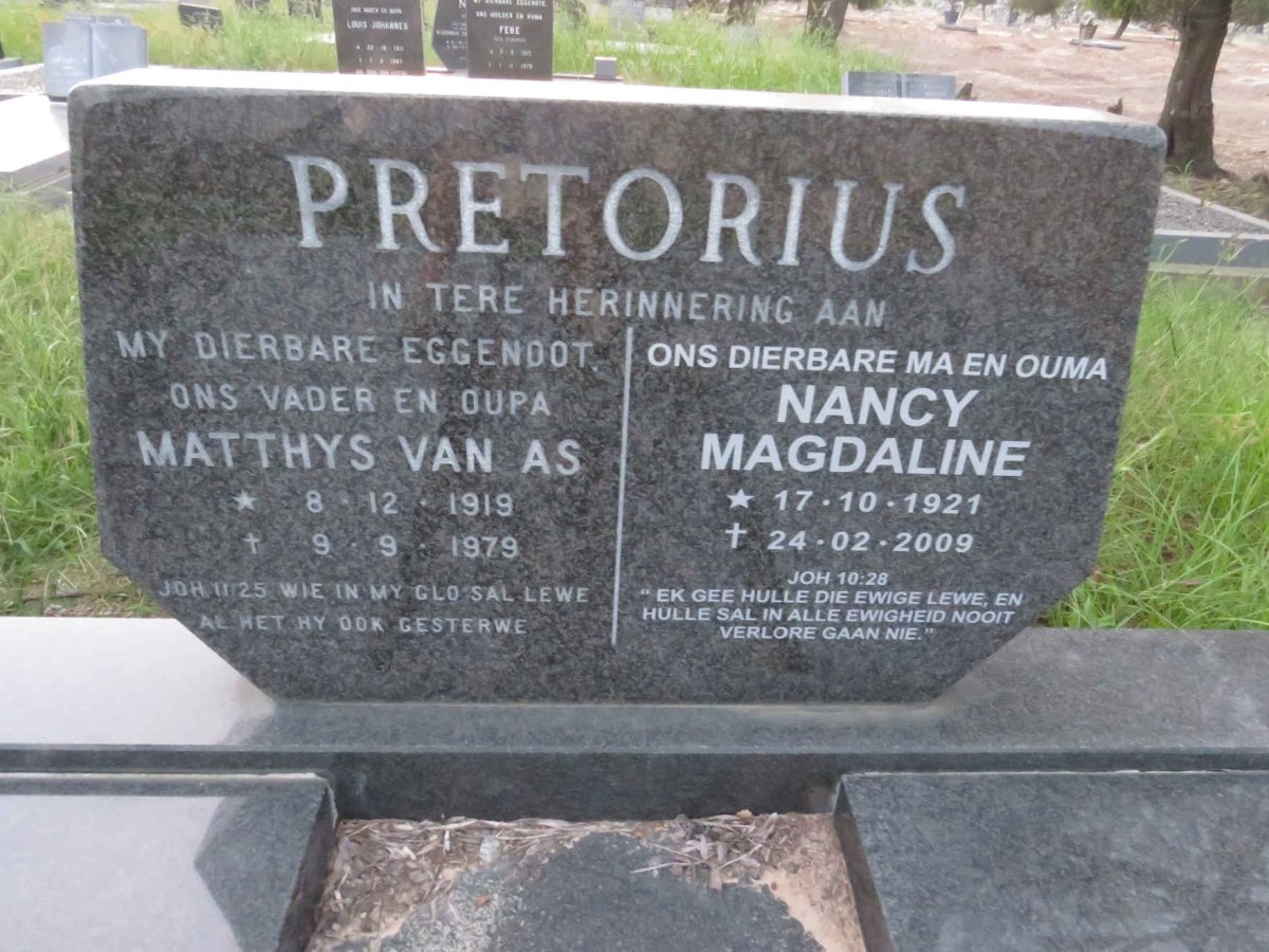 PRETORIUS Matthys Van As 1919-1979 & Nancy Magdaline 1921-2009