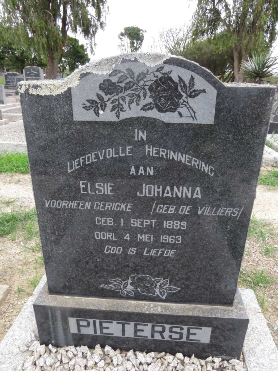 PIETERSE Elsie Johanna voorheen GERICKE nee DE VILLIERS 1889-1963