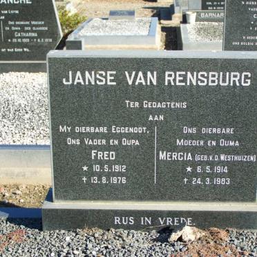 RENSBURG Fred, Janse Van 1912-1976 &amp; Mercia V.D. WESTHUIZEN 1914-1983