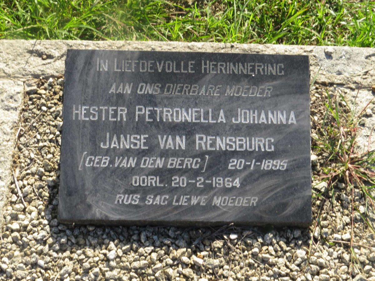 RENSBURG Hester Petronella Johanna, Janse van nee VAN DEN BERG 1895-1964
