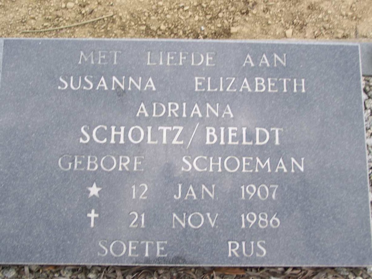 SCHOLTZ Susanna Adriana Elizabeth nee SCHOEMAN 1907-1986
