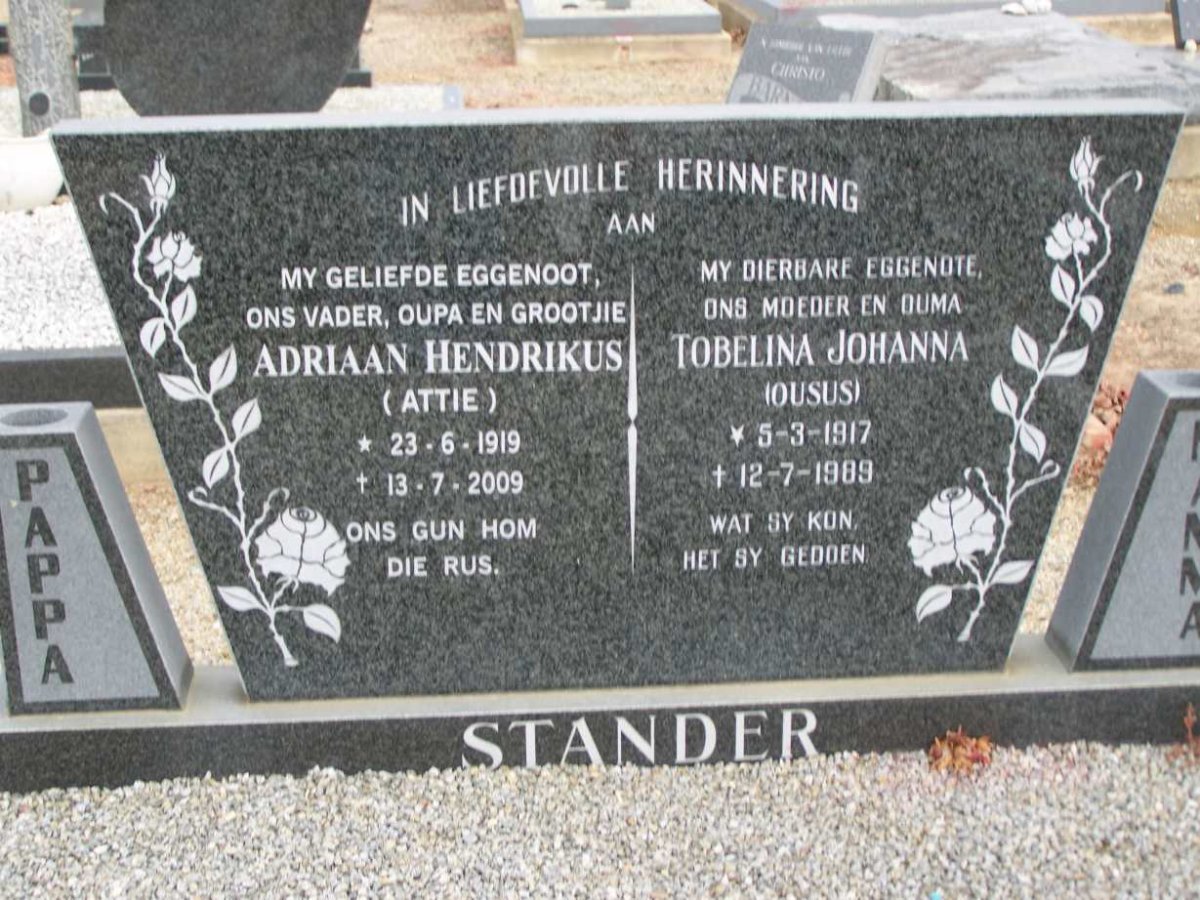 STANDER Adriaan Hendrikus 1919-2009 &amp; Tobelina Johanna 1917-1989
