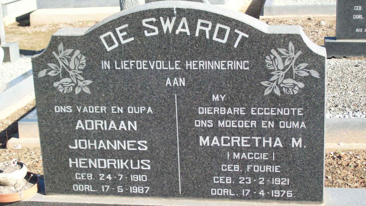 SWARDT Adriaan Johannes Hendrikus, de 1910-1987 &amp; Magretha M. FOURIE 1921-1976