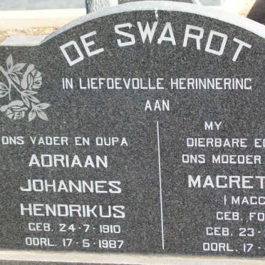 SWARDT Adriaan Johannes Hendrikus, de 1910-1987 &amp; Magretha M. FOURIE 1921-1976