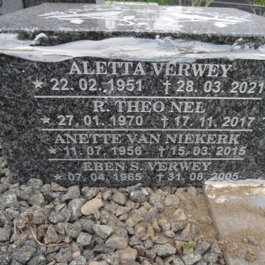 VERWEY Aletta 1951-2021 :: NEL R. Theo 1970-2017 :: NIEKERK Anette, van 1956-2015 :: VERWEY Eben S. 1965-2005