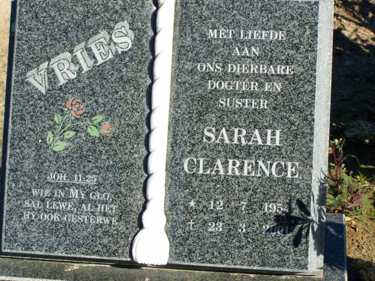 VRIES Sarah Clarence 1954-2001