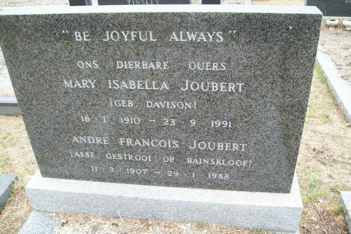 JOUBERT André Francois Joubert 1907-1988 &amp; Mary Isabella DAVISON 1910-1991