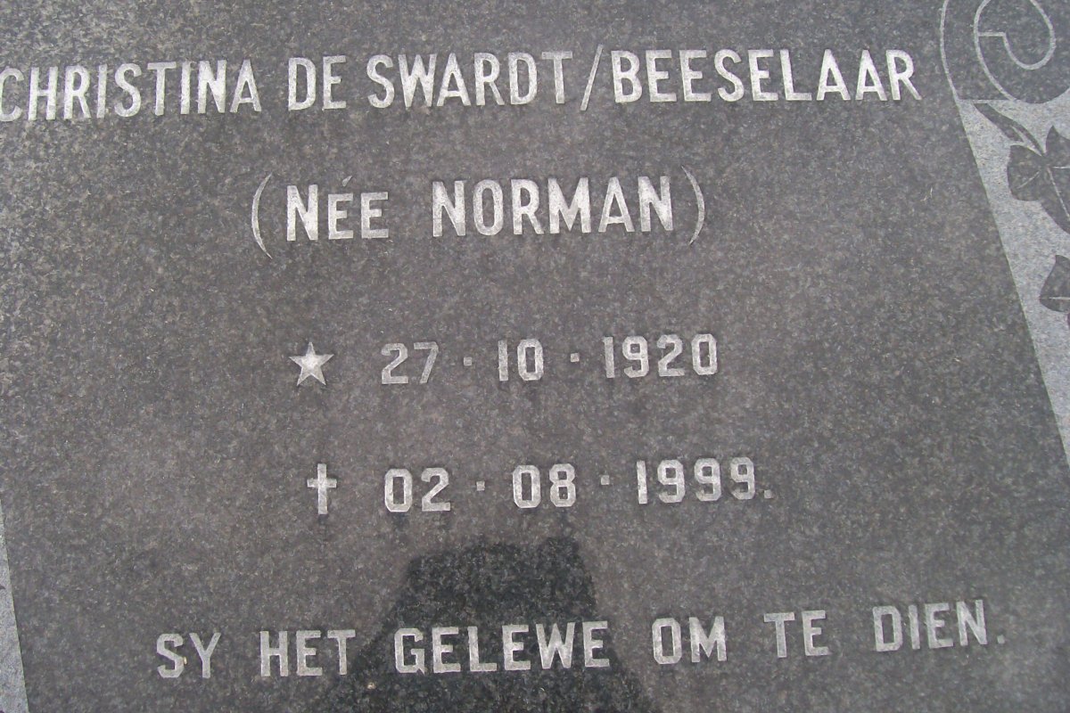 SWARDT Christina, de previously BEESELAAR nee NORMAN 1920-1999