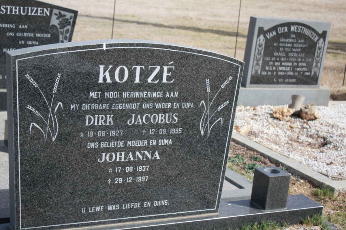 KOTZE Dirk Jacobus 1927-1995 &amp; Johanna 1937-1997