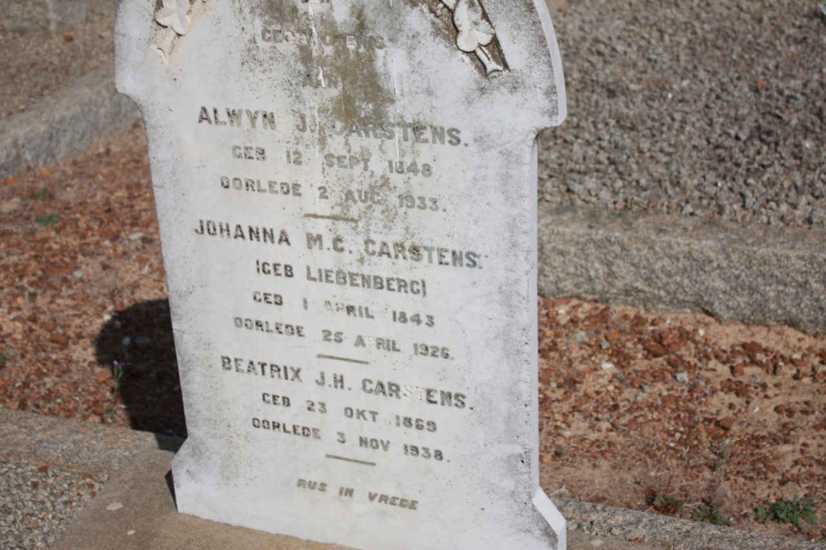 CARSTENS Alwyn J. 1848-1933 &amp; Johanna M.C. LIEBENBERG 1843-1926 :: CARSTENS Beatrix J.H. 1869-1938