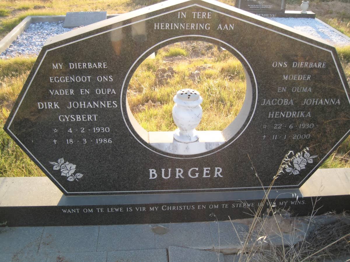 BURGER Dirk Johannes Gysbert 1930-1986 &amp; Jacoba Johanna Hendrika 1930-2000