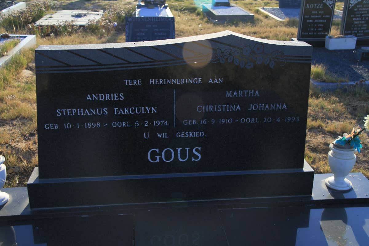 GOUS Andries Stephanus Fakculyn 1898-1974 &amp; Martha Christina Johanna 1910-1993