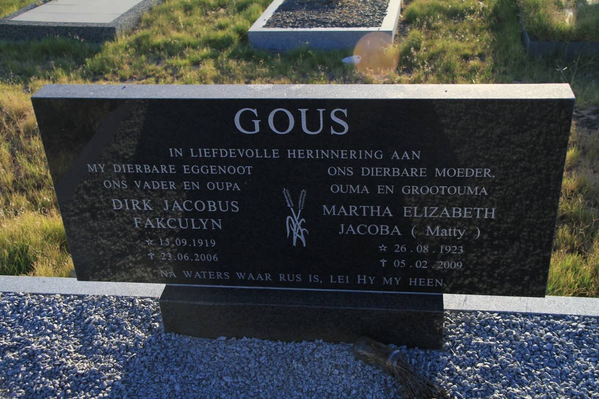 GOUS Dirk Jacobus Falculyn 1919-2006 &amp; Martha Elizabeth Jacoba 1923-2009