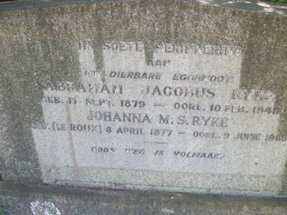 RYKE Abraham Jacobus 1879-1941 &amp; Johanna M.S. le ROUX 1877-1965