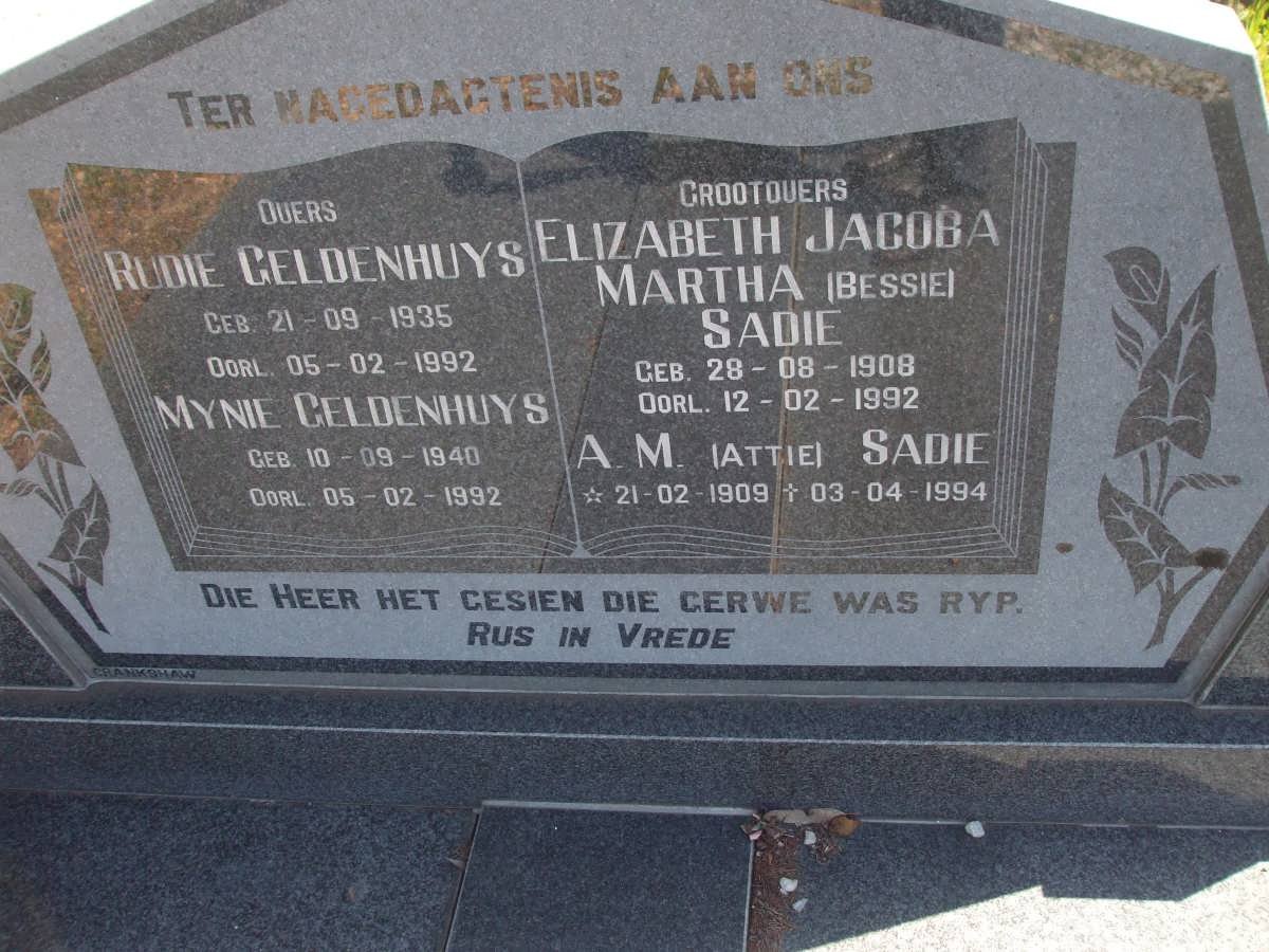GELDENHUYS Rudie 1935-1992 &amp; Mynie 1940-1992 :: SADIE A.M. 1909-1994 &amp; Elizabeth Jacoba Martha 1908-1992
