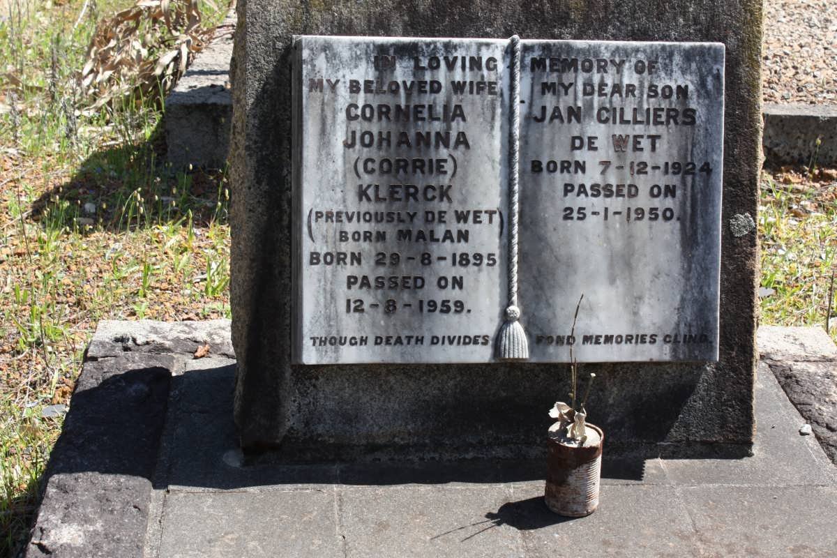 WET Jan Cilliers, de 1924-1950 &amp; Cornelia Johanna KLERCK previously de WET nee MALAN 1895-1959