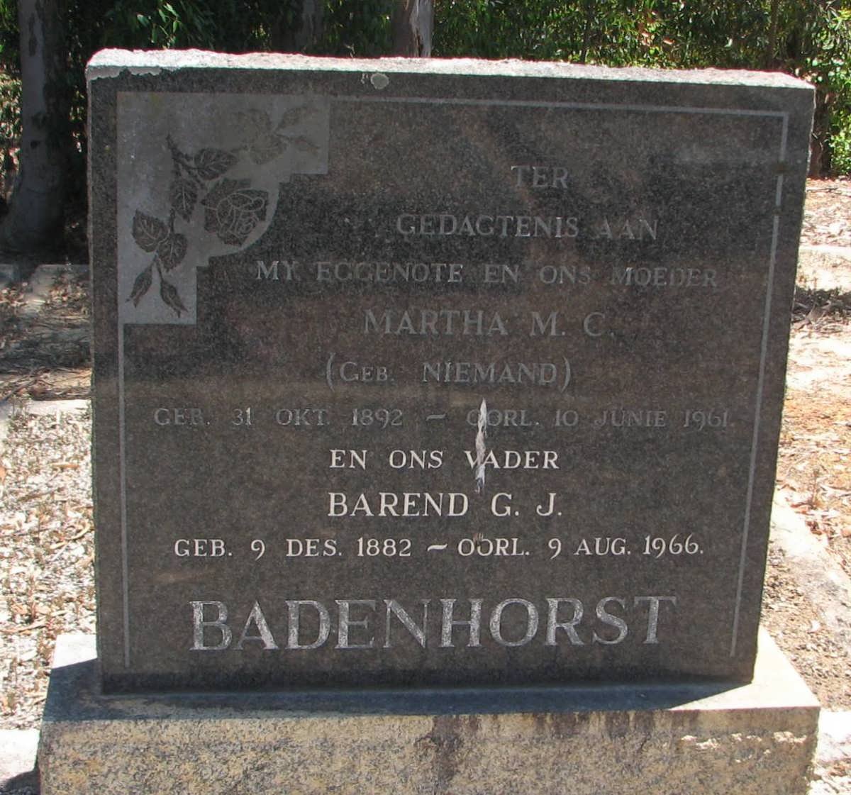 BADENHORST Barend G.J. 1882-1966 &amp; Martha M.C. NIEMAND 1892-1961