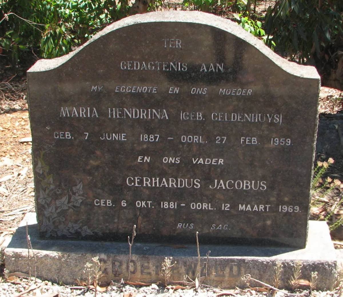 GROENEWALD Gerhardus Jacobus 1881-1969 &amp; Maria Hendrina GELDENHUYS 1887-1959