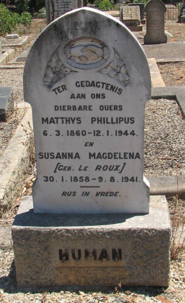 HUMAN Matthys Phillipus 1860-1944 &amp; Susanna Magdelena LE ROUX 1858-1941