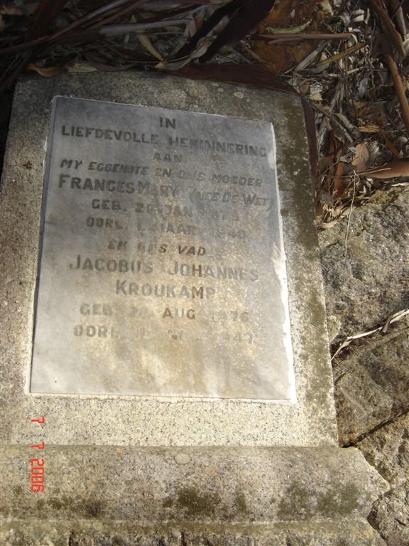 KROUKAMP Jacobus Johannes 1876-1947 &amp; Frances Mary DE WET 1879-1940