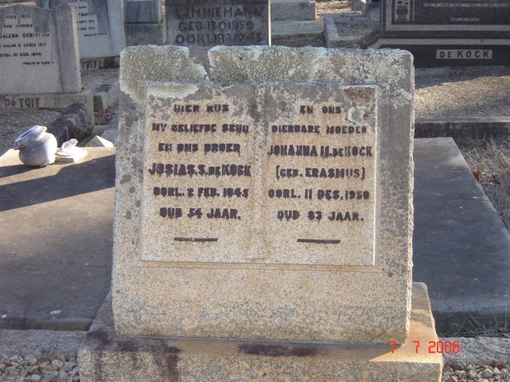 KOCK Josias S., de -1945, DE KOCK Johanna H. nee ERASMUS -1950