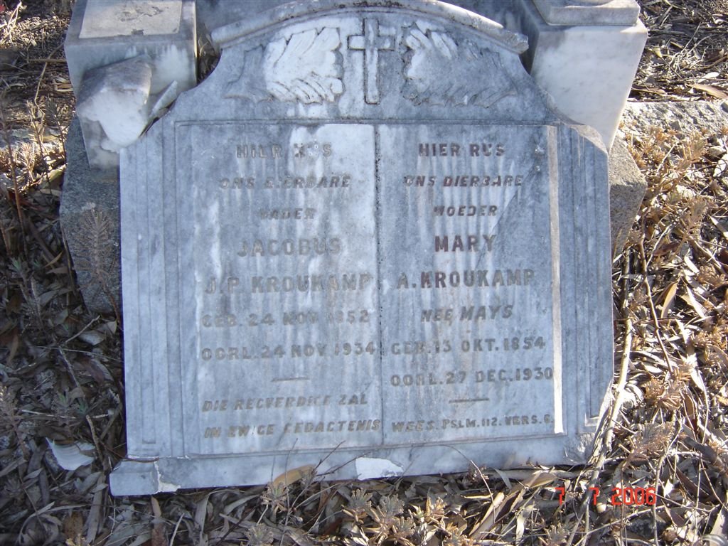 KROUKAMP Jacobus J.P. 1852-1934 &amp; Mary A. MAYS 1854-1930