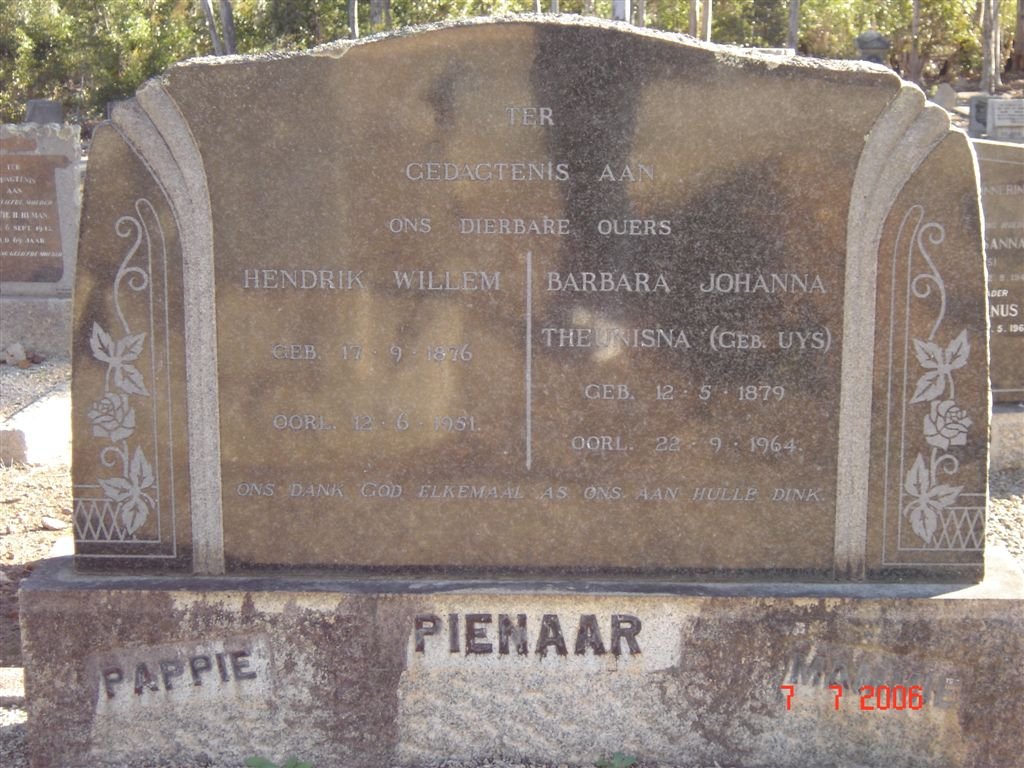 PIENAAR Hendrik Willem 1876-1951 &amp; Barbara Johanna Theunisna UYS 1879-1964