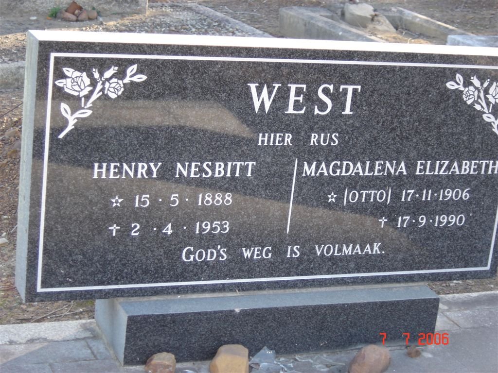 WEST Henry Nesbitt 1888-1953 &amp; Magdalena Elizabeth OTTO 1906-1990