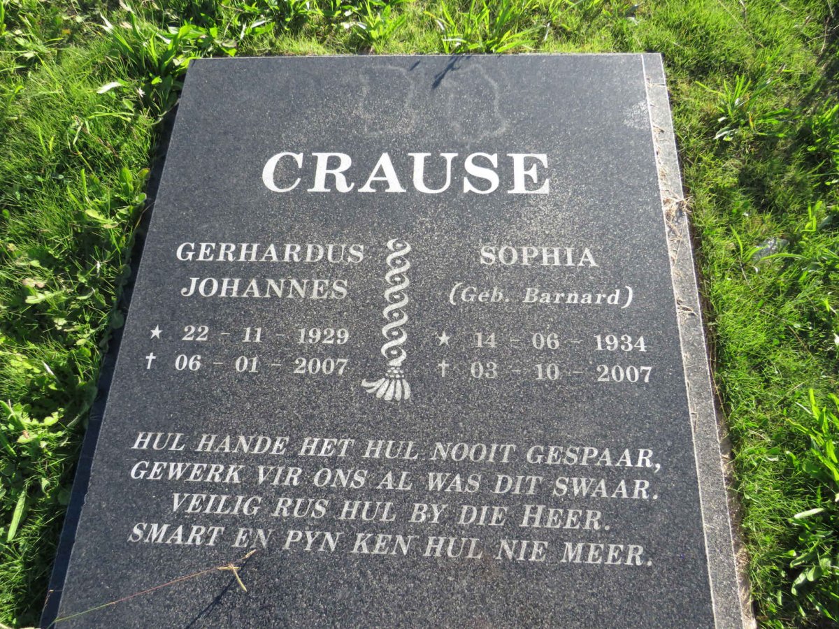 CRAUSE Gerhardus Johannes 1929-2007 &amp; Sophia BARNARD 1934-2007