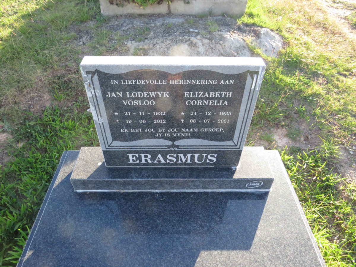ERASMUS Jan Lodewyk Vosloo 1932-2012 &amp; Elizabeth Cornelia 1935-2021