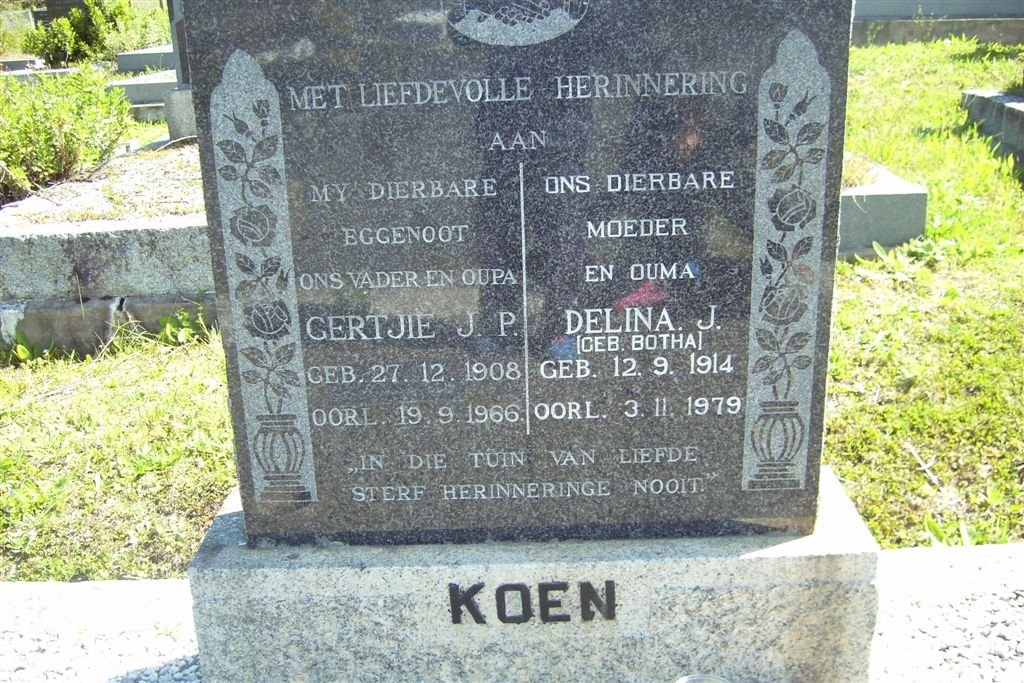 KOEN Gertjie J.P. 1908-1966 &amp; Delina J. BOTHA 1914-1979