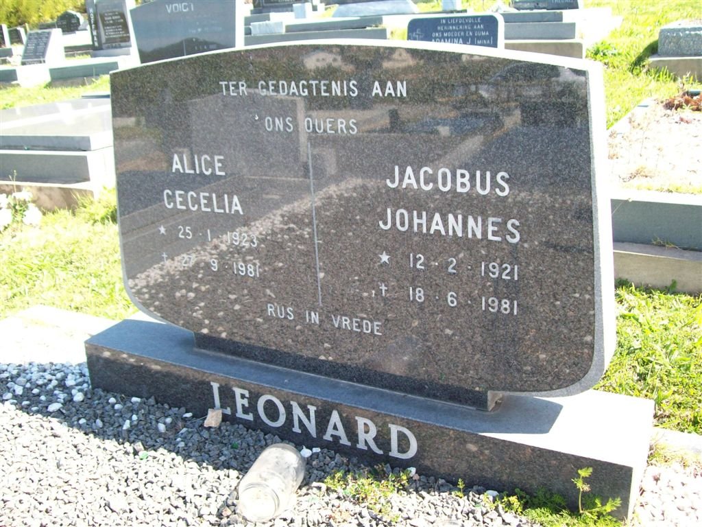 LEONARD Jacobus Johannes 1921-1981 &amp; Alice Cecelia 1923-1981
