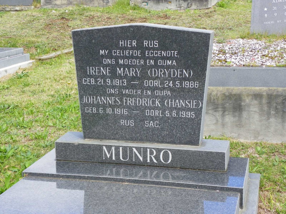 MUNRO Johannes Fredrick 1916-1995 &amp; Irene Mary DRYDEN 1913-1986