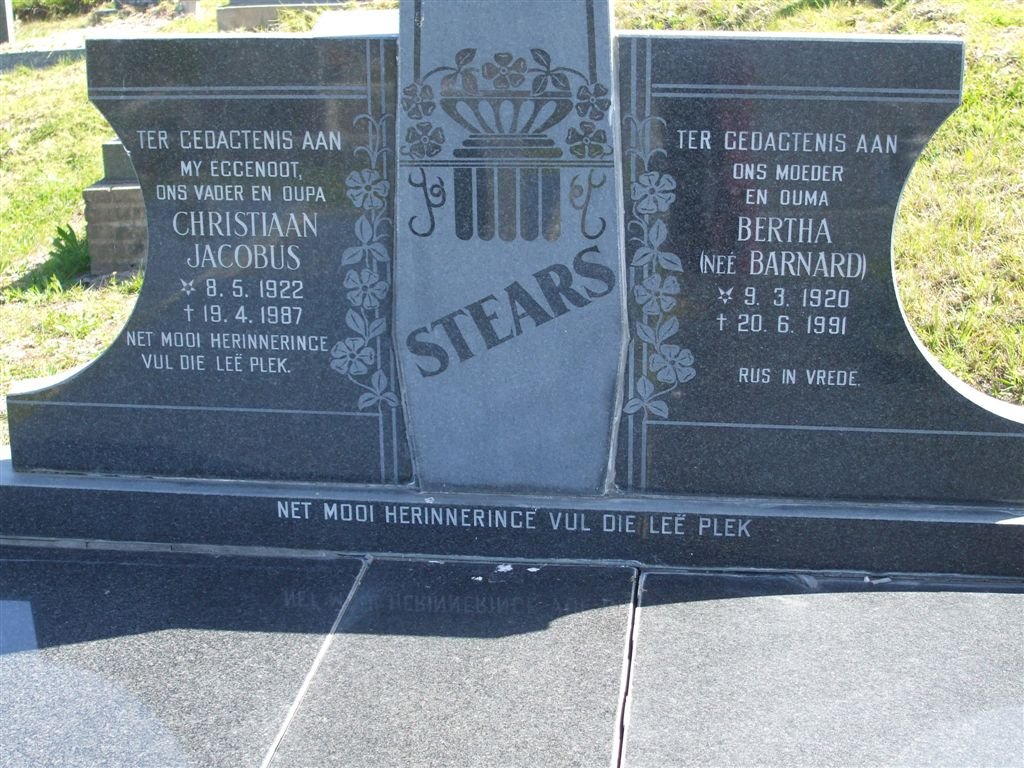 STEARS Christiaan Jacobus 1922-1987 &amp; Bertha BARNARD 1920-1991
