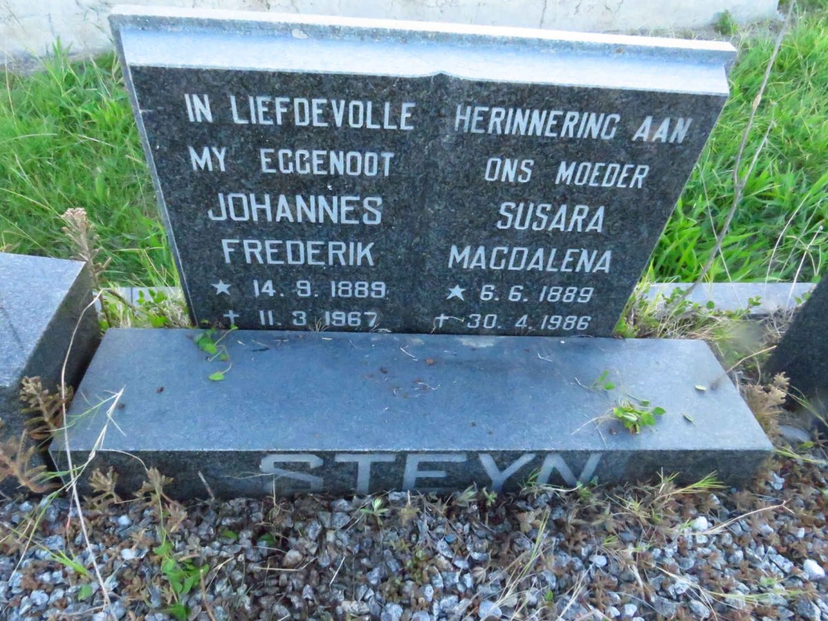 STEYN Johannes Frederik 1889-1967 &amp; Susara Magdalena 1889-1986