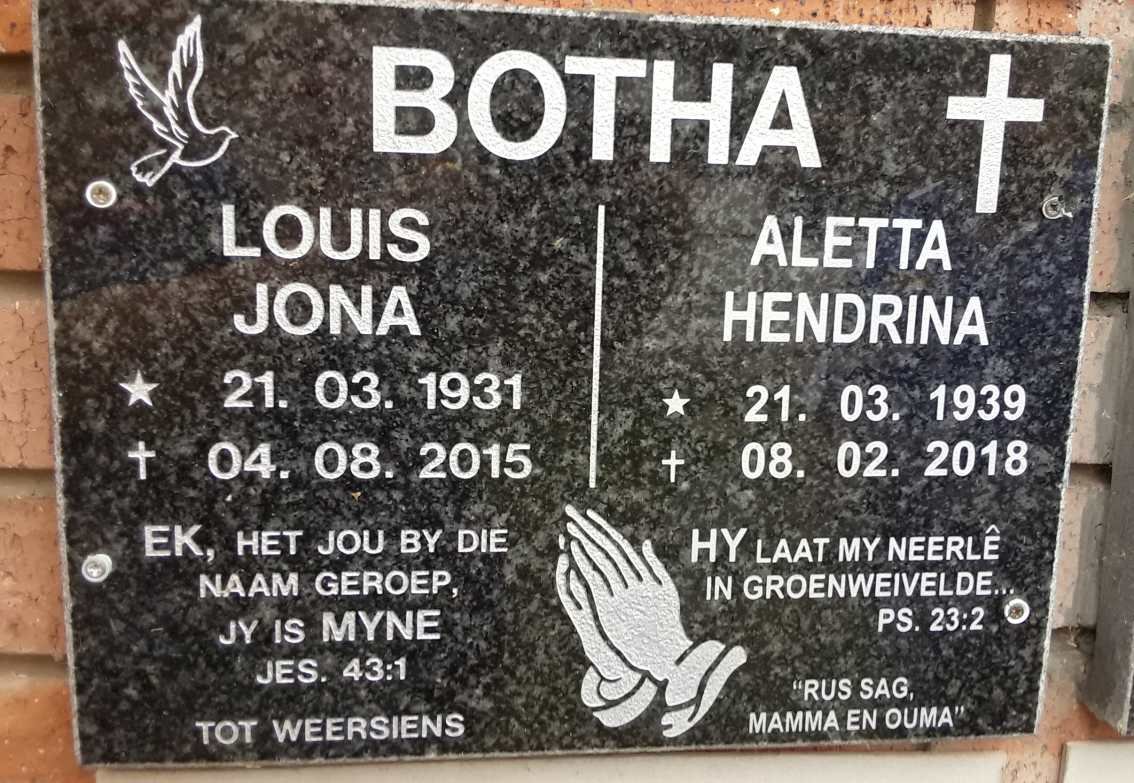 BOTHA Louis Jona 1931-2015 &amp; Aletta Hendrina 1939-2018