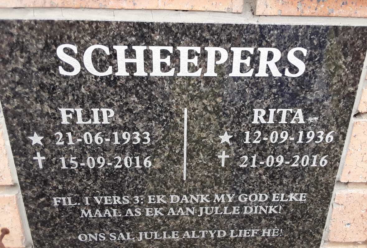 SCHEEPERS Flip 1933-2016 &amp; Rita 1936-2016