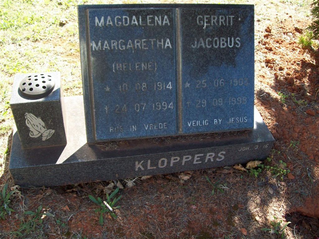 KLOPPERS Gerrit Jacobus 1903-1998 &amp; Magdalena Margaretha 1914-1994