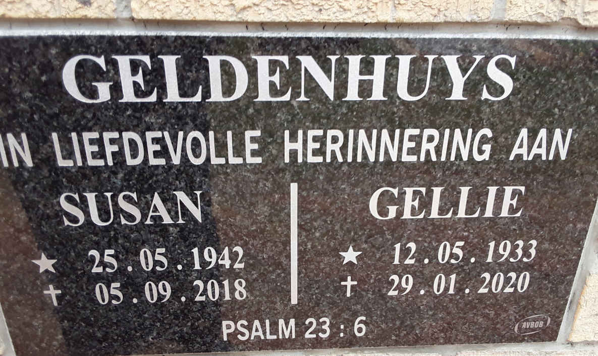 GELDENHUYS Gellie 1933-2020 &amp; Susan 1942-2018