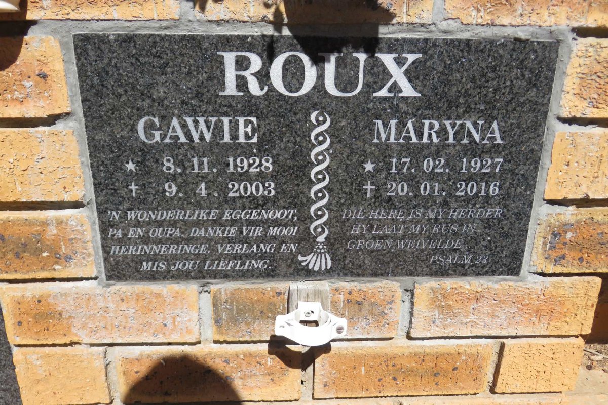 ROUX Gawie 1928-2003 &amp; Maryna 1927-2016