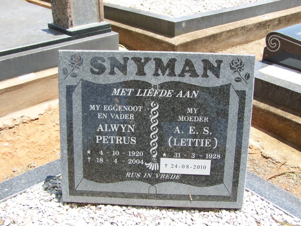 SNYMAN Alwyn Petrus 1920-2004 &amp; A.E.S. 1928-2010