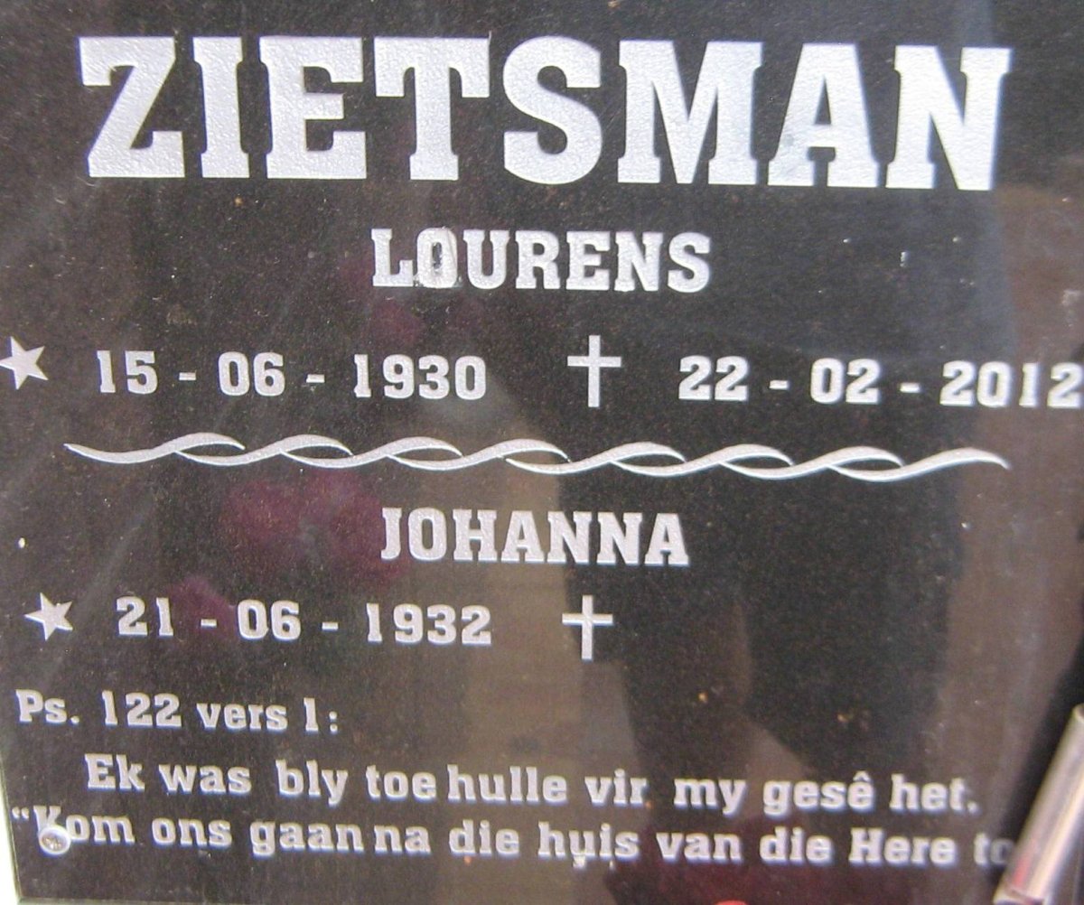 ZIETSMAN Lourens 1930-2012 &amp; Johanna 1932-