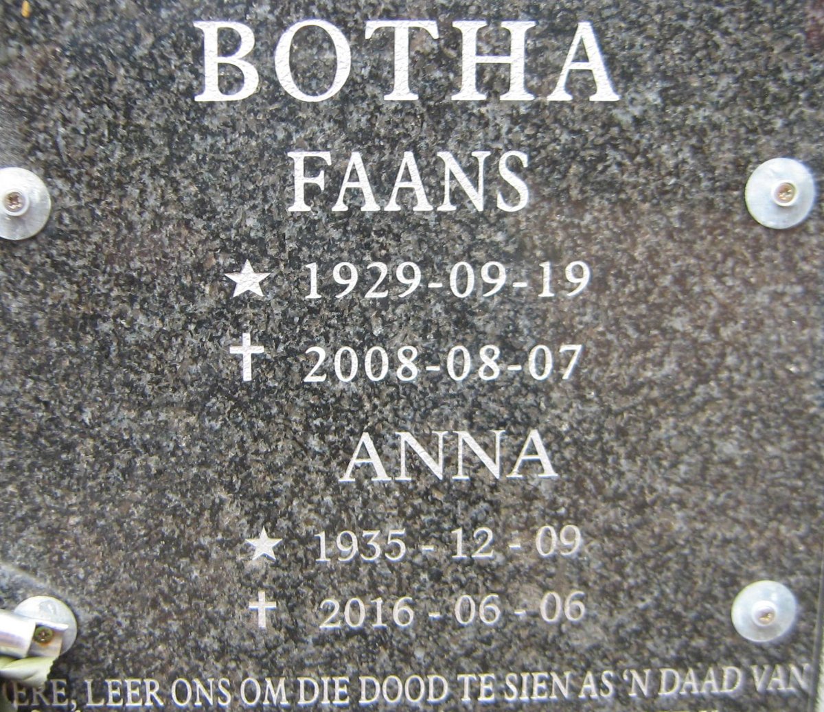 BOTHA Faans 1929-2008 &amp; Anna 1935-2016