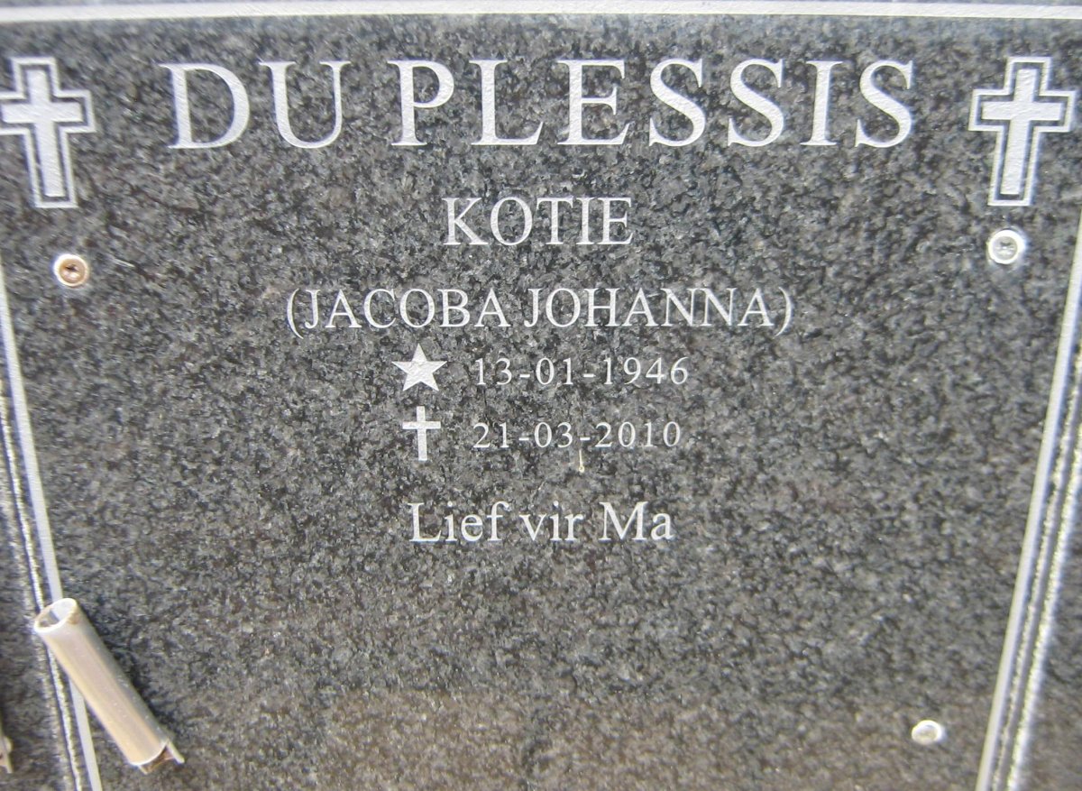 PLESSIS Jacoba Johanna, du 1946-2010